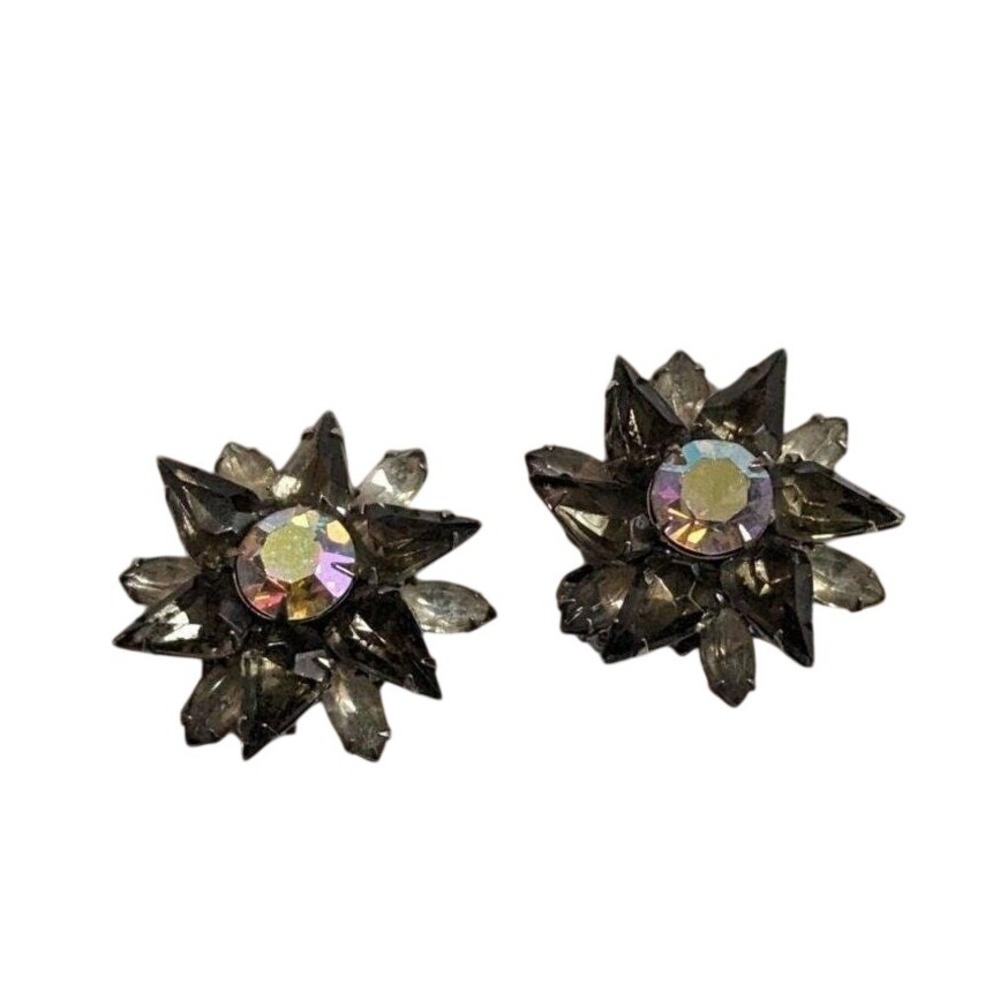 vtg‎ Beau Jewels  Smoky Grey Aurora Borealis Rhinestone Starburst Clip Earrings